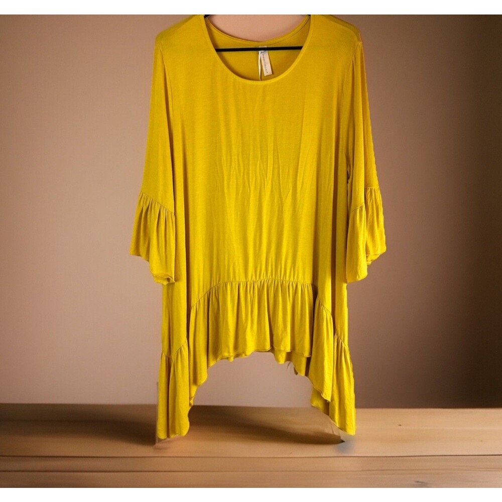NWT Heathmoor Women’s Yellow Tunic Ruffled Sleeves And Bottom Size Large